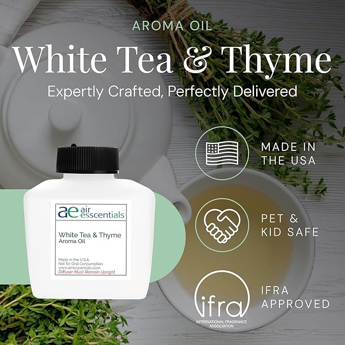 White Tea & Thyme Aroma Oil, Essential Oils Blend for Diffusers & Scent Machines, Rose Petals, Thyme & Balsam, Aromatherapy, Cold Air Diffuser Compatible, 100 mL - Bloomnest