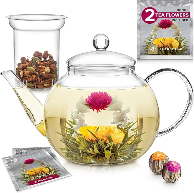 Teabloom Stovetop & Microwave Safe Glass Teapot with Removable Loose Tea Glass Infuser – Includes 2 Blooming Teas – 2-in-1 Tea Kettle and Tea Maker – Tea Purist's Choice - Bloomnest