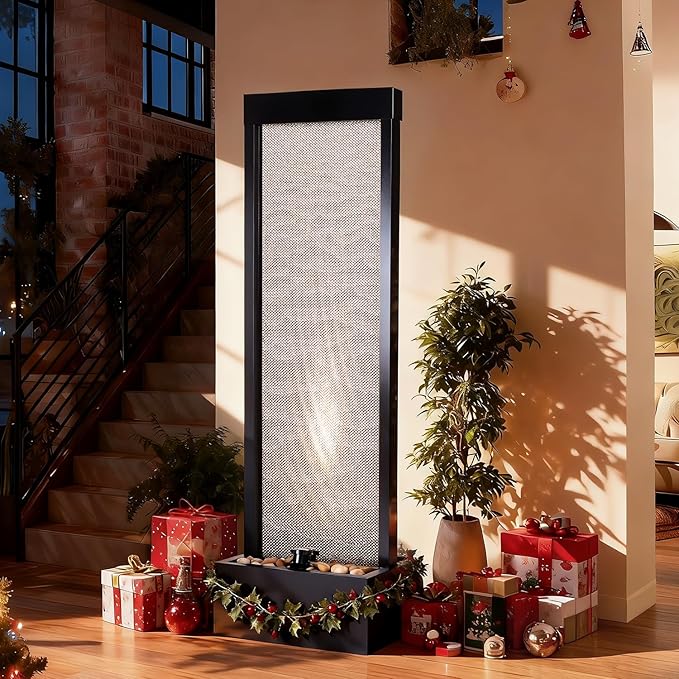 Mesh Panel Waterfall Fountain, Large Indoor Water Feature with Stones & LED Light, 64" Floor Standing Water Wall for Home Decor, Living Room, Patio, Outdoor Garden - Bloomnest