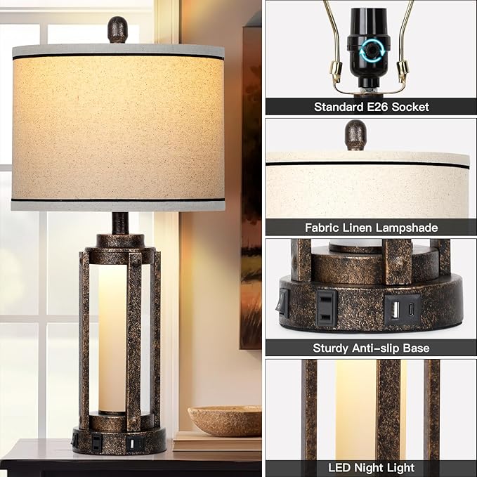 Farmhouse Lamps with USB A+C Charging Ports & AC Outlet, Rustic Vintage Industrial Table Lamps Metal Lamp with Glass LED Night Light & Beige Fabric Shade for Living Room Bedrooms Nightstand Bronze - Bloomnest