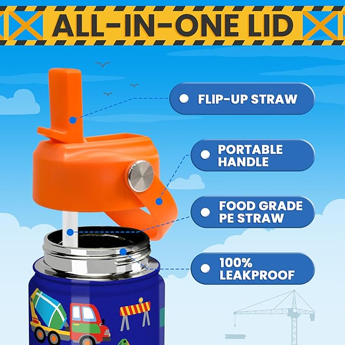Construction Water Bottle - Kids Water Bottle with Straw Lid - 12 Oz Insulated Stainless Steel Water Bottles for Kid Boys - Travel Cup for School Sports - Bloomnest