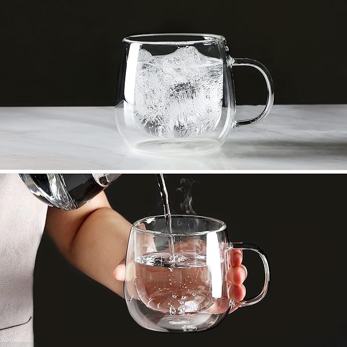 CNGLASS 10oz Double Walled Glass Coffee Mugs(4-pack),Clear Coffee Cups with Handle,Glass Espresso Mugs for Latte,Cappuccino,Tea - Bloomnest