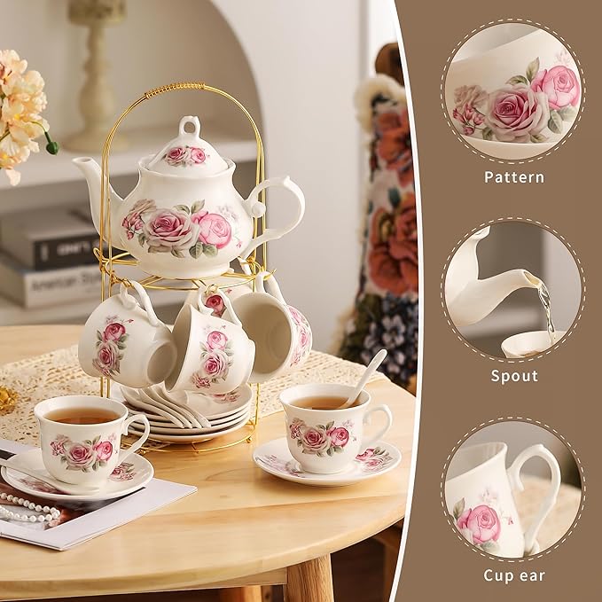 20-Pieces Tea Set For Adult with Golden Metal Rack,Porcelain Tea Sets For Women,Tea Gift Sets for Home&Party(016) - Bloomnest