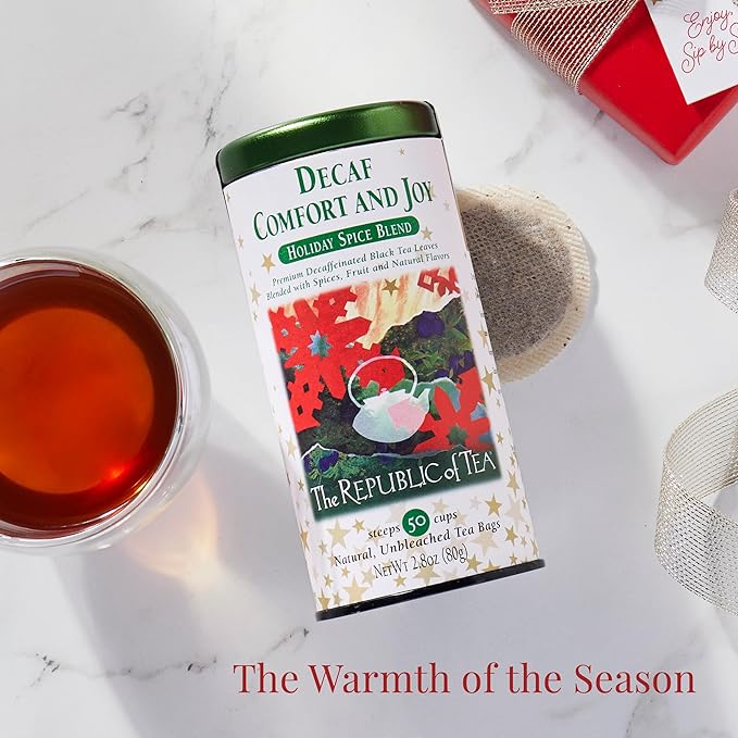 The Republic of Tea – Decaf Comfort and Joy Tea Tin, Decaffeinated, 50 Tea Bags - Bloomnest