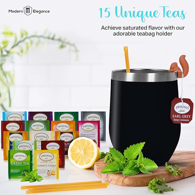 Tea Gift Set for Women and Men – Elegant Tea Sets for Women Gift with 15 Unique Teas, Stainless Steel Tumbler & 10 Honey Straws in Premium Box (Black) - Bloomnest