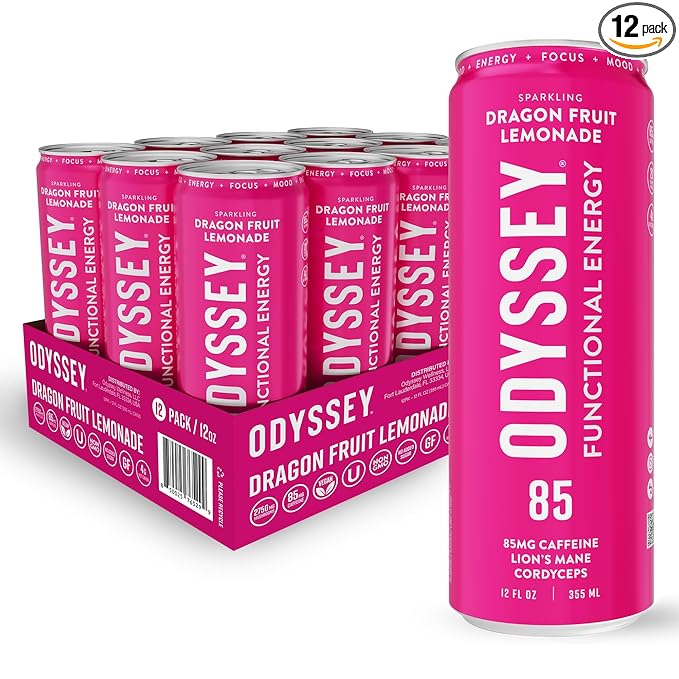 Odyssey Functional Energy Drink for Focus, Cognition & Mood Support 12 Pack - Adaptogenic Drink with 85mg Green Tea Caffeine, Lion’s Mane, Cordyceps, L-Theanine & Ginseng, Dragon Fruit Lemonade - Bloomnest