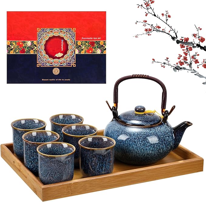 Layhit Japanese Asian Tea Set for Adults with 1 Teapot 6 Cups 1 Tray Traditional Portable Japanese Kiln Altered Glaze Porcelain Tea Set for Women Mother's Day Gifts(Blue) - Bloomnest