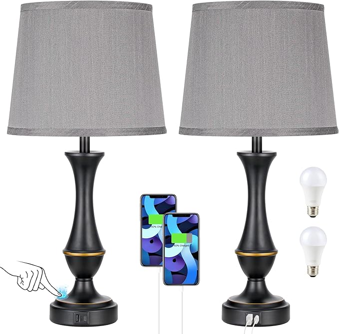 Seealle Upgraded Touch Lamps for Bedrooms Set of 2 - Nightstand Table Lamp with USB C+A, 3 Way Dimmable Lamps for Living Room(Grey) - Bloomnest
