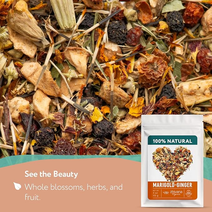 Premium Ginger Loose Leaf Tea with Marigold, Chamomile, Elderflower - Caffeine Free Herbal Tea with Real Herbs & Fruit – Te de Jengibre – 4oz. - Bloomnest
