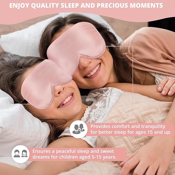 Silk Sleep Mask Eye Cover, 100% Real Natural Silk Eye Mask for Sleeping with Adjustable Strap, 100% Silk Filling Blindfold, Eye Shade for Kids/Teens/Adults, Sleeping Masks for Family (2 Pink) - Bloomnest