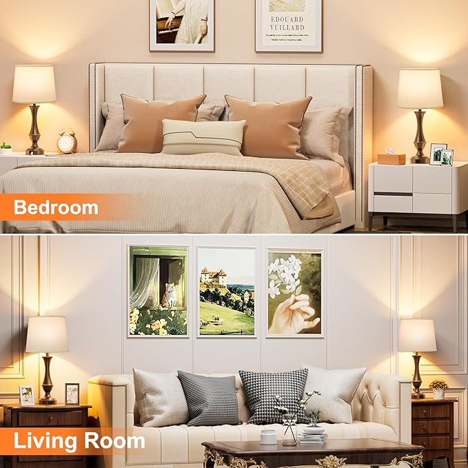 Seealle Upgraded Touch Lamps for Night Stands Set of 2 - Bedside Lamps with USB C+A, 3 Way Dimmable for Bedroom Living Room End Tables Office (White&Brown) - Bloomnest