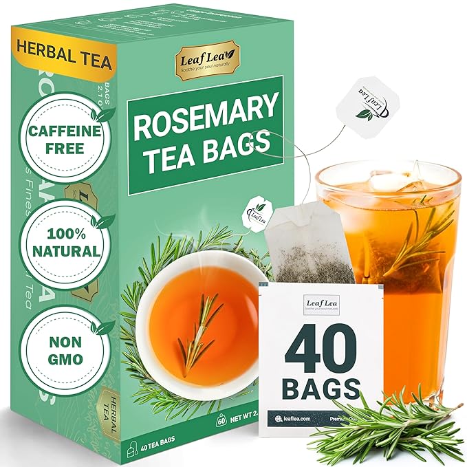 LeafLea 40 Premium Rosemary Tea Bags from 100% Natural Rosemary Leaves, Herbal Tea for Gentle Digestive Comfort, Te De Romero Earthy Taste & Light Aroma, Caffeine-Free, Sugar-Free, Non-GMO - Bloomnest