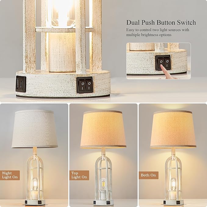Farmhouse Table Lamps for Living Room Set of 2 - Rustic Industrial Bedside Lamps for Bedroom Nightstand with Nightlight and USB A+C, 4 Bulbs Included - Bloomnest