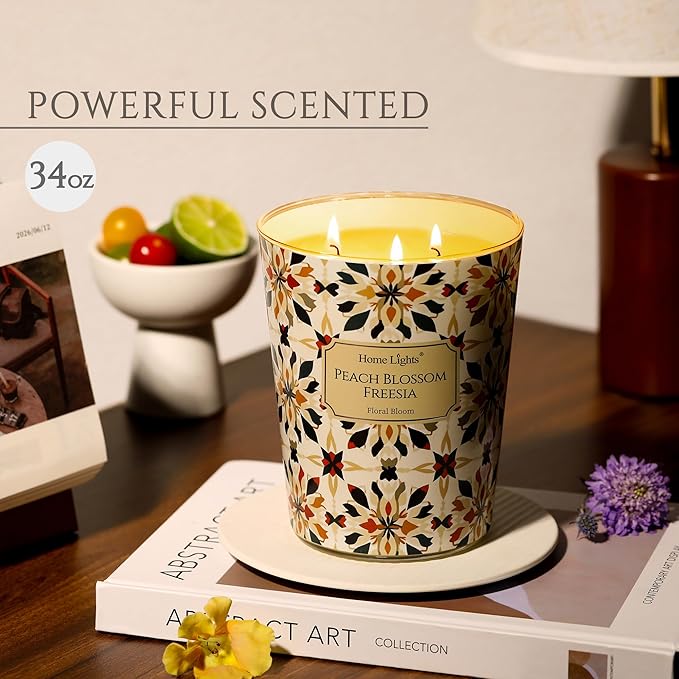 HomeLights 3-Wick Candles for Home Scented - 34oz Soy Wax Blend Candle Long-Lasting Fragrance, Bohemian Natural Textures Home Decor and Housewarming Gifts, Peach Blossom Freesia - Bloomnest