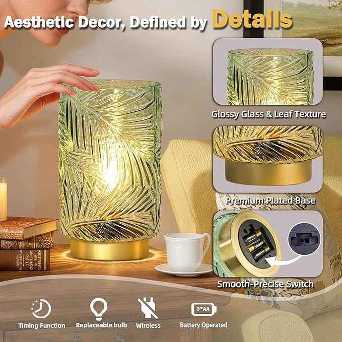 Battery Operated Table Lamp, Cordless Lamps for Home Decor, Battery Powered Nightlight with LED Bulb with Timer, Decorative Lights for Living Room Bedroom Tabletop Entryway Centerpiece Gift(L LGreen) - Bloomnest