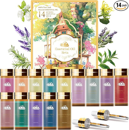 Fragrance Essential Oils Set - 14pcs, Aromatherapy Oils for Skin, Diffusers, Home Care, Humidifier Laundry, Candle Making - Tea Tree, Sandalwood, Lavender, Vanilla, Eucalyptus and More (5mL) - Bloomnest