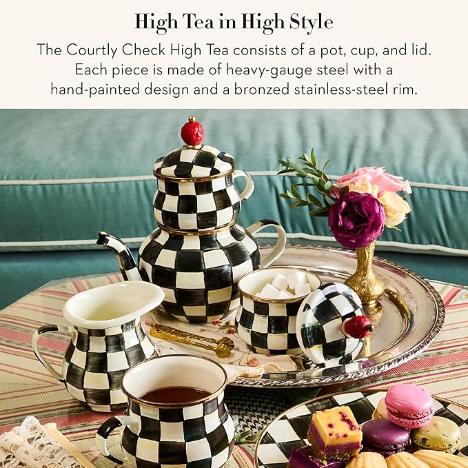 MACKENZIE-CHILDS Enamel High-Tea Teapot, Cup, and Lid, Cute Teapot and Teacup Combo, Black-and-White Courtly Check - Bloomnest
