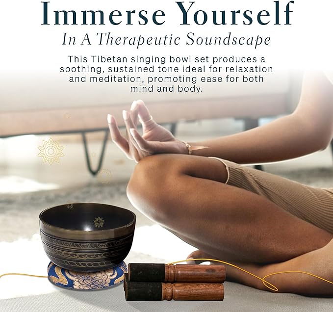 Tibetan Singing Bowl Set of 7, Handmade Singing Bowl for Meditation & Holistic Healing, Yoga Accessories, 3-5” Brass Singing Bowls with Wooden Striker, Cushion & Gold Carry Box - Bloomnest
