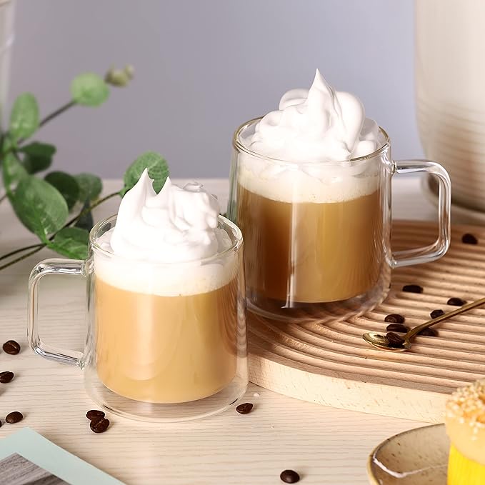 CNGLASS Double Walled Glass Coffee Mugs,15oz(1-pack) Insulated Glass Mugs with Handle,Clear Espresso Cups for Latte,Cappuccino,Tea Bag - Bloomnest