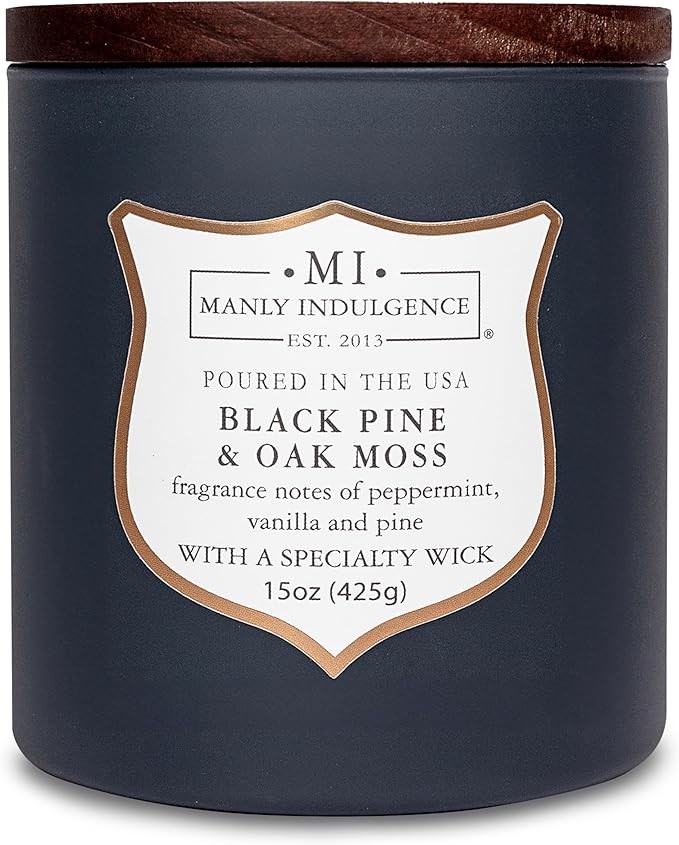 Manly Indulgence Black Pine Oakmoss Scented Candles for Men, 15 oz Wooden Wick, Premium Soy Blend Wax, 60H Burn, Candles for Home Scented - Made in The USA - Bloomnest