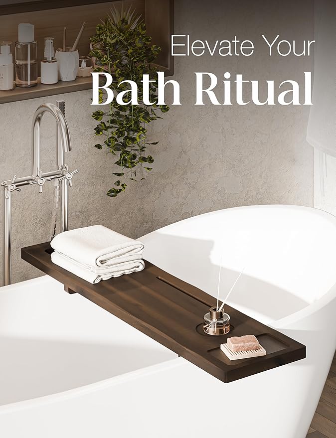 Tinamo Acacia Bathtub Tray Caddy with Adjustable Legs - Bath Tub Tray for Freestanding Tubs - 39x9.75 Inch Large Wooden Anti-Tipping Tub Tray for Bathtub with Accessories Holders (Walnut, 39x9.75) - Bloomnest