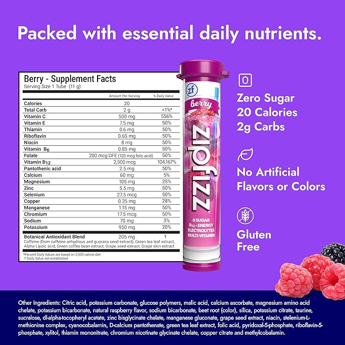 Zipfizz Daily Energy Drink Powder, Berry, 20 Pack | 3-in-1 Sustained Energy, Rapid Hydration, and Essential Vitamins | Sugar-Free | Electrolyte Powder | Contains Vitamin B-12 & Antioxidants - Bloomnest