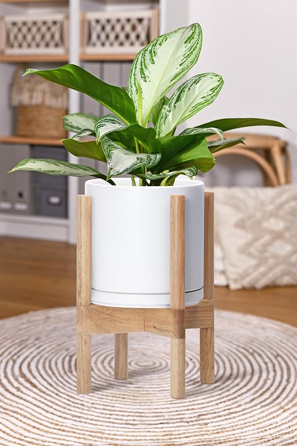 D'vine Dev Ceramic Planter with Natural Stand - 8 Inch Modern Round Flower Pot with Wood Planter Holder, White, 55-B-N-1 - Bloomnest