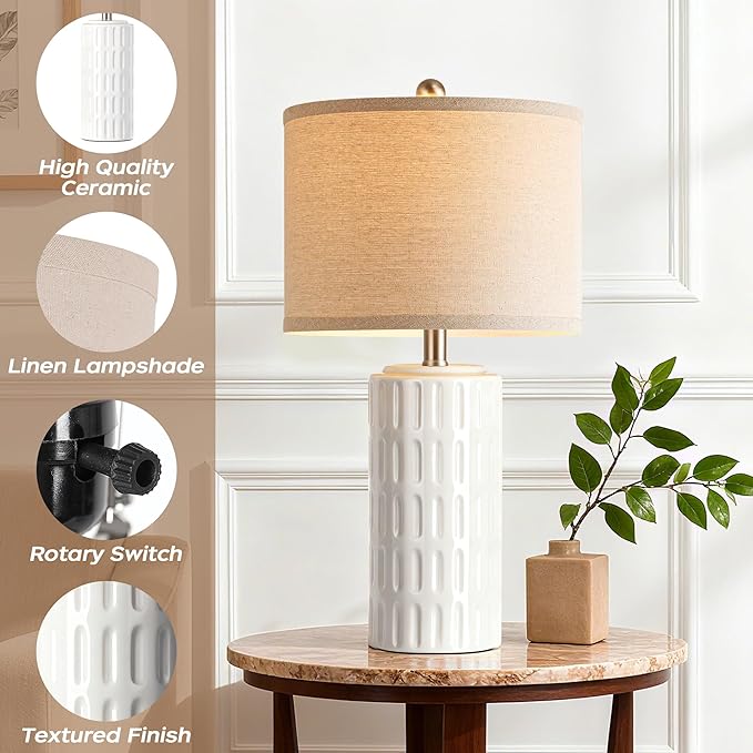PARTPHONER 23" Farmhouse Modern Ceramic Table Lamp Set of 2 - White Bedside Lamps for Bedroom & Living Room, Nightstand, Desk, End Table - Bloomnest