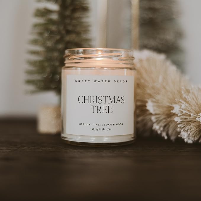 Sweet Water Decor Christmas Tree Candle - Pine Needles, Cedarwood, Cypress, and Evergreen Soy Holiday Scented Candles for Home - 9oz Clear Jar Candle, 40+ Hour Burn Time, Made in The USA - Bloomnest
