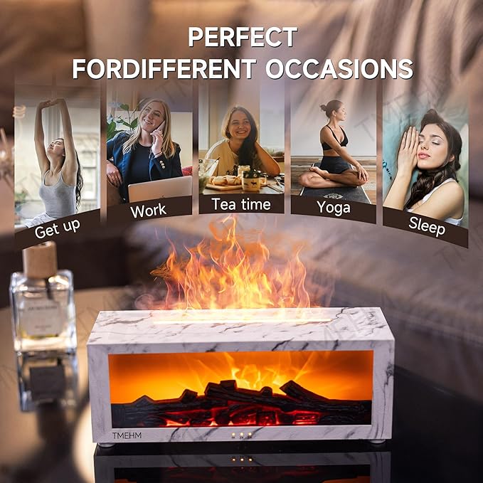 Fireplace Flame Air Diffuser Humidifier,7 Colors Aromatherapy Essential Oil Diffuser,Ultrasonic with Timer for Home,Bedroom,Office,Yoga (White Marble) - Bloomnest
