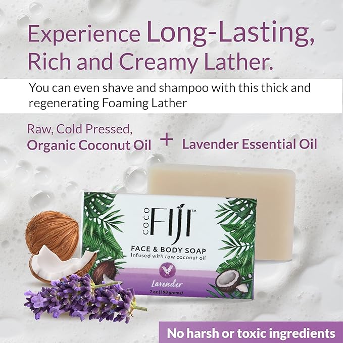 "Coco Fiji Soap Bar for Face and Body Infused With Organic Coconut Oil, Lavender Essential Oil, Natural Soap for Moisturizing & Pore Purifying Skin, 7 oz, Pack Of 2 " - Bloomnest