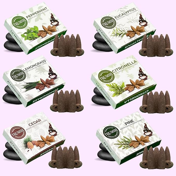 Leafy - Backflow Incense Cones for Waterfall - Scented Inscents-Cones - Peppermint, Citronella, Pine, Cedar, Eucalyptus, Lemongrass - Insiensos Aromaticos - 6x10=60 Large Variety Pack TRUMIRI