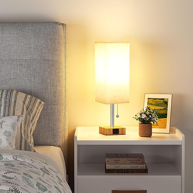 aooshine Beige Small Table Lamp for Bedroom - 3 Color Temperature 3000K 5000K 4000K Bedside Lamp, Pull Chain Control, USB A and C Ports, Wood-Grain Base, Bulb Included - Bloomnest