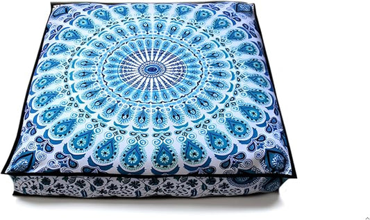 INDIAN CRAFT CASTLE 24" Green Peacock Mandala Barmeri Large Floor Pillow Cover Cushion Meditation Seating Ottoman Throw Cover Hippie Decorative Zipped Bohemian Pouf Ottoman Pom Pom Cases 24" Square - Bloomnest