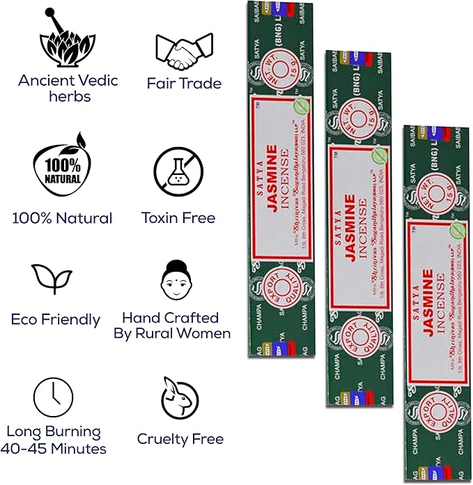 Satya Jasmine & Nagchampa Incense Sticks - 15gmx12 Pack with Raajsee Incense Holder - Bloomnest