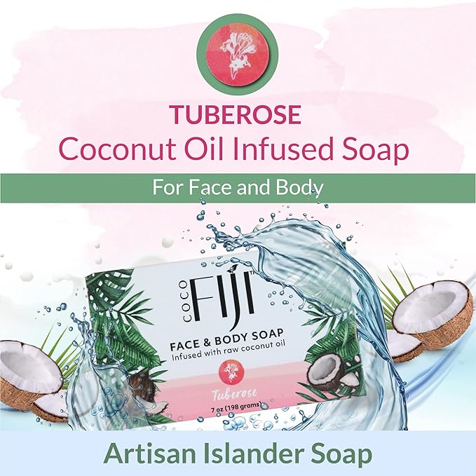 Coco Fiji Soap Bar for Face and Body Infused With Organic Coconut Oil, Tuberose, Essential Oil, Natural Soap for Moisturizing & Pore Purifying Skin, 7 oz,Pack of 3