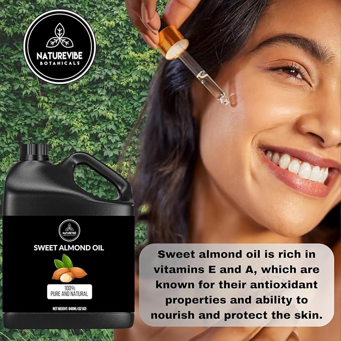 Naturevibe Botanicals Sweet Almond Oil 32 Ounces | 100% Pure and Natural Unrefined Cold Pressed Carrier Oil | Great for Skin Care and Hair Care - Bloomnest