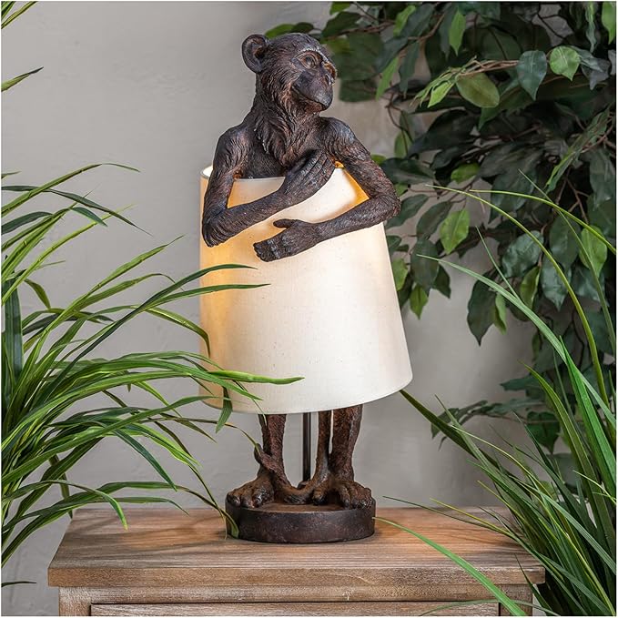 Crestview Collection Monkey Table Lamp – Bronze Resin Animal Lamp, Retro Rustic Art Deco Farmhouse Desk Lamp with Linen Shade for Bedroom, Living Room, Bedside, Nightstand or Small Space - Bloomnest