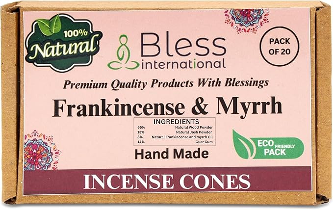 Bless International Frankincense-and-Myrrh 100%-Natural-Incense-Cones Handmade-Hand-Dipped Organic-Chemicals-Free for-Purification-Relaxation-Positivity-Yoga-Meditation The-Best-scents (20 Count)