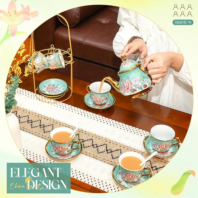 20 Pcs Porcelain Tea Set for Adults with Metal Holder and Spoon European Ceramic Tea Party Set Flower Painting Teapot Cup Saucer for Christmas Women Gifts, Serving 6 People(Modern) - Bloomnest