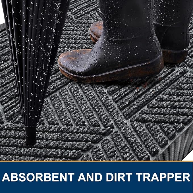 Smiry Front Door Mat Outside Entrance, Heavy Duty Sturdy Natural Rubber Doormat, Trap Dirt and Moisture, Easy Clean Low Profile Mats for Indoor Outdoor Entry, Irregular Triangle (59x24, Grey) - Bloomnest