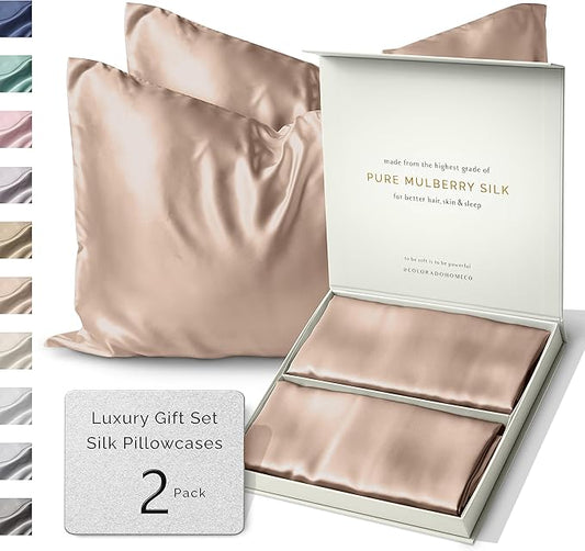 PREMIUM LUXSILK™ Silk Pillow Cases 2 PACK | 22 Momme Mulberry Silk Pillowcase Set of 2 | Standard Queen, King Size, All Sides 100% Pure Silk Slip Pillowcases Bliss for Couples, Zipper [Nude Champagne] - Bloomnest