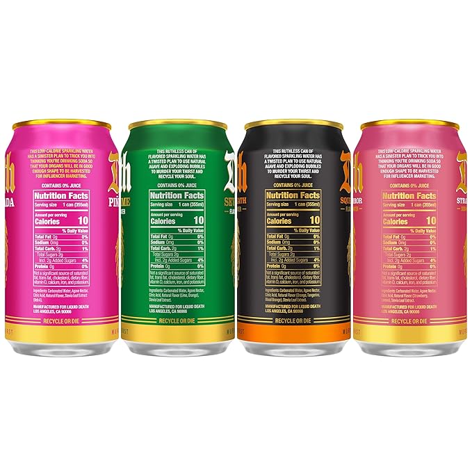 Liquid Death Soda-Flavored Sparkling Water - Modern Variety, Less Sugar*, Huge Flavor, No Caffeine, No Artificial Sweeteners, 4 Flavors: Lime, Orange, Strawberry, Piña Killada 12 Fl Oz (Pack of 12) - Bloomnest