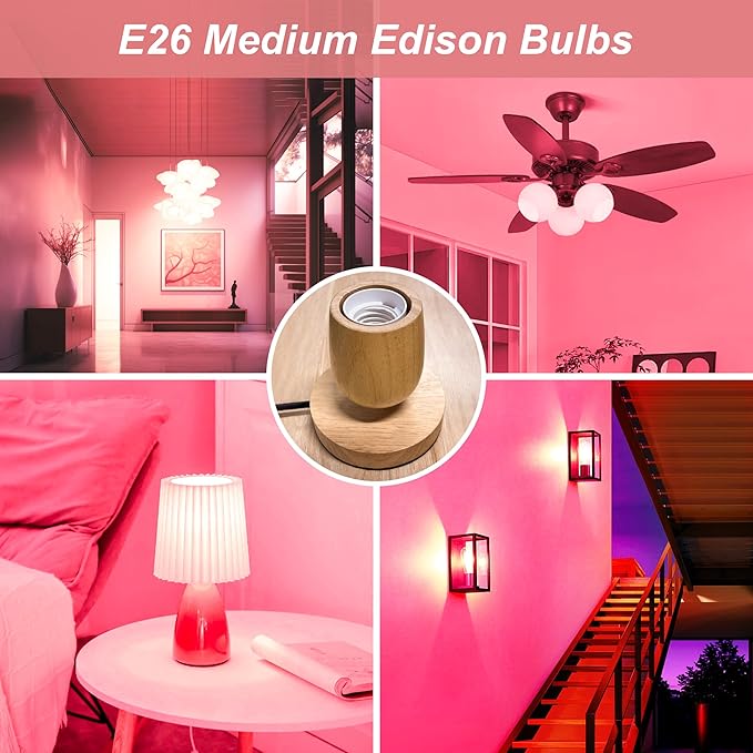 4 Pack 3.2 Inch T10 Pink Light Bulb, E26 Base Edison Bulbs Dimmable, AC 120V 60 Watt Equivalent Clear Glass Filament Bulb, Halloween Christmas Party Bar Colored Light Bulbs, UL Listed - Bloomnest