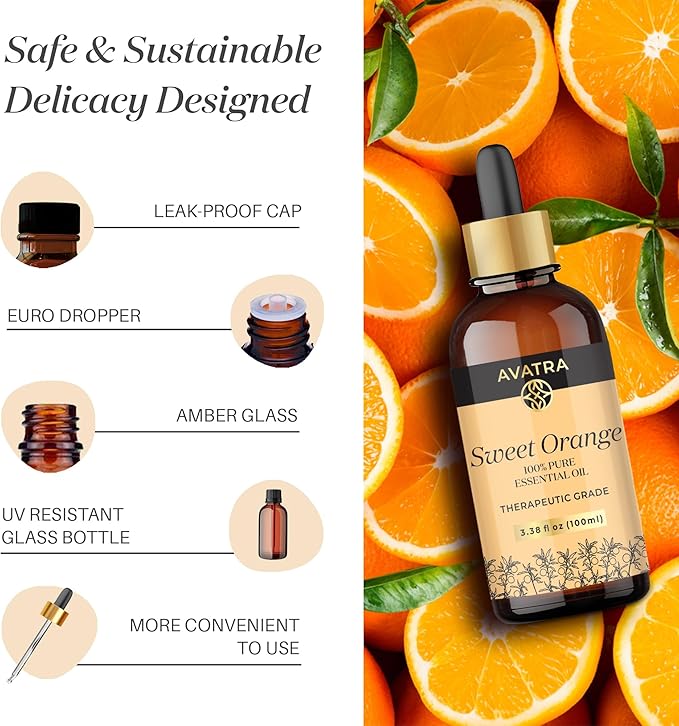 Avatra Brazilian Sweet Orange Essential Oil 100ml (3.38oz) - 100% Pure & Natural Orange Oil with Glass Dropper & Travel Bottle - Premium Essential Oil for Diffuser, Aromatherapy, Massage & DIY Candles - Bloomnest