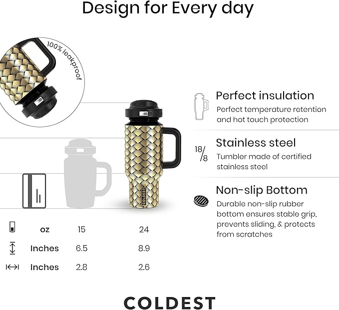 Coldest Tumbler with Handle & Coffee Lid - 100% Spill Proof Tumbler (3 Lids) - Stainless Steel Insulated Leakproof Tumblers for Women & Men - Cup Holder Friendly - 24 oz (Gold Dragon) - Bloomnest
