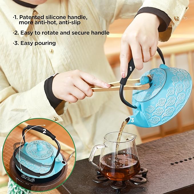 Cast Iron Teapot, Japanese Tea Pot with Infuser for Loose Leaf, Tea Kettle Stovetop Safe Coated with Enameled Interior, Clouds Pattern 27oz, 800ml Sky-Blue