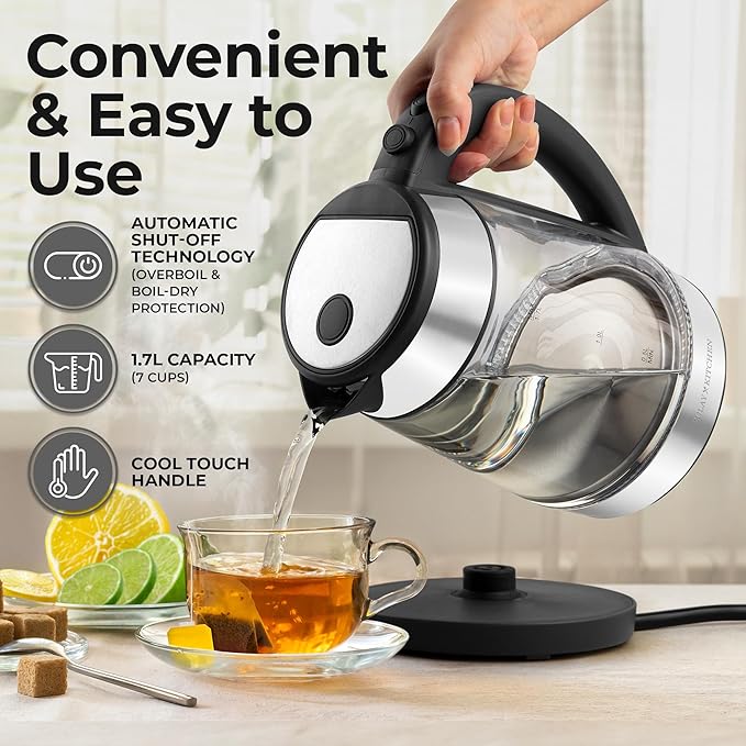 Zulay Kitchen Fast-Boiling Electric Kettle - 1.7L Hot Water Kettle 1500W With Auto Shut-Off - Water Boiler For Coffee & Tea - Boil-Dry Protection, Cool-Touch Handle, 360° Base - Black - Bloomnest