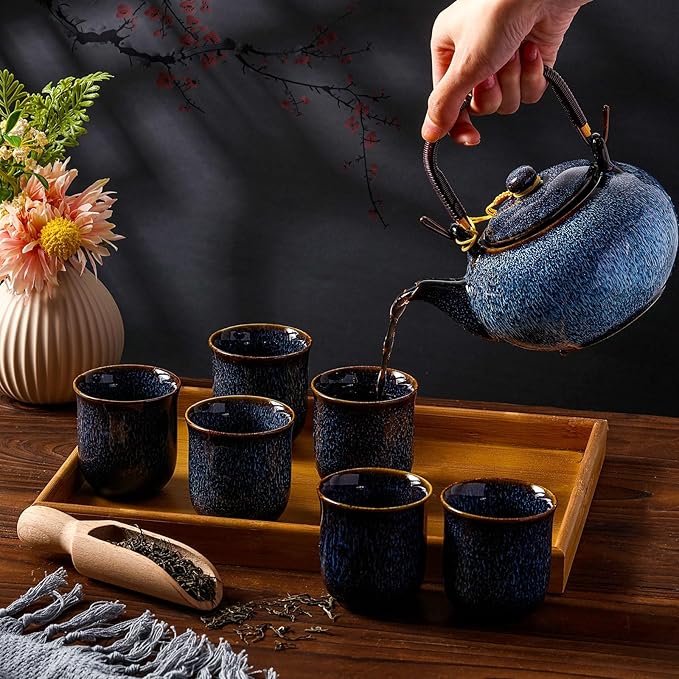 Layhit Japanese Asian Tea Set for Adults with 1 Teapot 6 Cups 1 Tray Traditional Portable Japanese Kiln Altered Glaze Porcelain Tea Set for Women Mother's Day Gifts(Blue) - Bloomnest