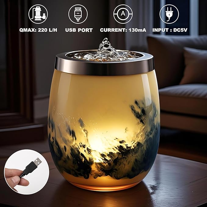 VOREEN Handblown Glass Tabletop Fountain - Art Glass Water Feature with Gentle Ambient Glow - Optional Aromatherapy for Home, Spa, Office Décor - Yellow - Bloomnest